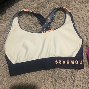 Under Armour Light Blue & Navy Crossback Sports Bra with Peach Logo